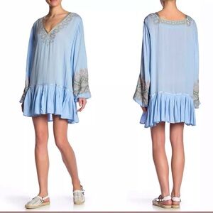 Free People Mini Dress Wild One Embroidered Blue Sky Women’s XS Boho Peasant